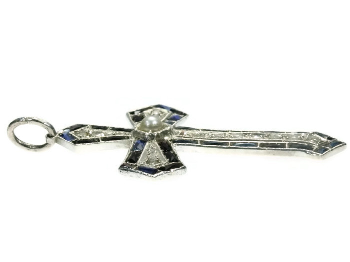 Silver Art Deco cross pendant with diamonds sapphires and pearl